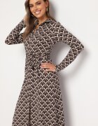 by swan Rochie Tip Cămașă Maro Midi cu Imprimeu Geometric cu Cordon Anelfi