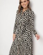 by swan Rochie Tip Cămașă Neagră cu Viscoză Curea și Model Geometric Erislevia