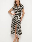 by swan Rochie tip cămașă Negru-Bej cu guler și curea din material în talie Vranea