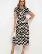 by swan Rochie tip cămașă Negru-Bej cu guler și curea din material în talie Vranea