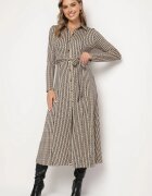 by swan Rochie tip cămașă Negru-Bej din Viscoză cu dungi Decorată cu o centură legată Nialoraen