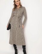 by swan Rochie tip cămașă Negru-Bej din Viscoză cu dungi Decorată cu o centură legată Nialoraen