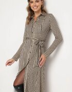 by swan Rochie tip cămașă Negru-Bej din Viscoză cu dungi Decorată cu o centură legată Nialoraen