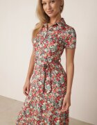 by swan Rochie tip cămașă Roșie-Verde cu Mânecă Scurtă și Viscoză cu nasturi cu Cordon din Material Dimiata