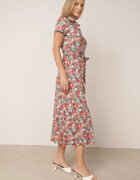 by swan Rochie tip cămașă Roșie-Verde cu Mânecă Scurtă și Viscoză cu nasturi cu Cordon din Material Dimiata