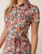 by swan Rochie tip cămașă Roșie-Verde cu Mânecă Scurtă și Viscoză cu nasturi cu Cordon din Material Dimiata