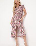 by swan Rochie tip cămașă Roz-Verde cu Mânecă Scurtă și Viscoză cu nasturi cu Cordon din Material Dimiata