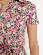 by swan Rochie tip cămașă Roz-Verde cu Mânecă Scurtă și Viscoză cu nasturi cu Cordon din Material Dimiata