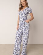 by swan Salopetă Alb-Albastru cu flori cu mânecă scurtă și decolteu în V cu pantaloni lungi Nestaanne