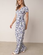 by swan Salopetă Alb-Albastru cu flori cu mânecă scurtă și decolteu în V cu pantaloni lungi Nestaanne
