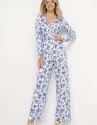 by swan Salopetă Alb-Albastru cu Picioare Lungi și Decolteu Plic cu Imprimeu Floral Alanessa