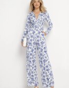 by swan Salopetă Alb-Albastru cu Picioare Lungi și Decolteu Plic cu Imprimeu Floral Alanessa