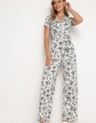 by swan Salopetă Alb-Negru cu Imprimeu Floral cu Mânecă Scurtă și Decolteu în V cu Pantaloni Lungi Nestaanne