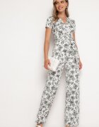by swan Salopetă Alb-Negru cu Imprimeu Floral cu Mânecă Scurtă și Decolteu în V cu Pantaloni Lungi Nestaanne