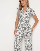 by swan Salopetă Alb-Negru cu Imprimeu Floral cu Mânecă Scurtă și Decolteu în V cu Pantaloni Lungi Nestaanne