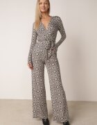 by swan Salopetă cu model Alb-Negru cu mânecă lungă și pantaloni largi cu legătură în talie Vilati