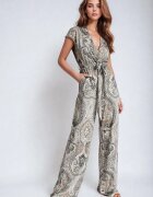 by swan Salopetă Gri-Negru Cambrată cu Pantaloni Largi cu Elastic în Talie și Curea Qumorea