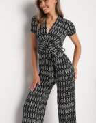 by swan Salopetă Neagră Cămbrată cu viscoză cu mânecă scurtă și cu pantaloni lungi Legată în talie Jeleavia
