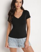 by swan Tricou Negru din Viscoză cu Croială Ajustată cu Decolteu în V Folarisse