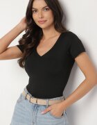 by swan Tricou Negru din Viscoză cu Croială Ajustată cu Decolteu în V Folarisse