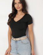 by swan Tricou Negru din Viscoză cu Croială Ajustată cu Decolteu în V Folarisse
