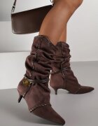 c&l fashion Botine Maro Încrețite cu Toc Tip Pisică cu Șiret și Ornament Avidvire