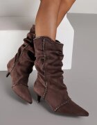 c&l fashion Botine Maro Încrețite cu Toc Tip Pisică cu Șiret și Ornament Avidvire