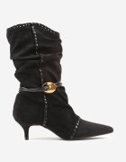 c&l fashion Botine Negre încrețite cu toc tip kitten cu șiret și ornament Avidvire