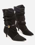 c&l fashion Botine Negre încrețite cu toc tip kitten cu șiret și ornament Avidvire