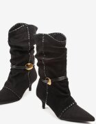 c&l fashion Botine Negre încrețite cu toc tip kitten cu șiret și ornament Avidvire