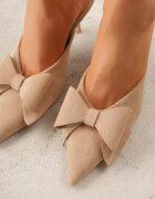c&l fashion Papuci Bej închis cu toc stiletto tip Mule decorate cu fundiță Lorailea