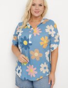  Cămașă Albastră din Vâscoză cu nasturi cu mâneci 3/4 și model floral Xebbia