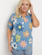  Cămașă Albastră din Vâscoză cu nasturi cu mâneci 3/4 și model floral Xebbia