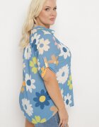 Cămașă Albastră din Vâscoză cu nasturi cu mâneci 3/4 și model floral Xebbia