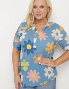  Cămașă Albastră din Vâscoză cu nasturi cu mâneci 3/4 și model floral Xebbia