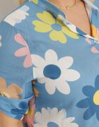  Cămașă Albastră din Vâscoză cu nasturi cu mâneci 3/4 și model floral Xebbia