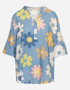  Cămașă Albastră din Vâscoză cu nasturi cu mâneci 3/4 și model floral Xebbia
