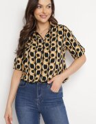  Cămașă Bej-Neagră din Bumbac și Viscoză cu Mânecă 3/4 și Model Decorativ Tinari