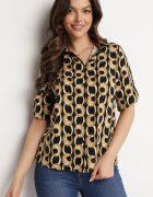  Cămașă Bej-Neagră din Bumbac și Viscoză cu Mânecă 3/4 și Model Decorativ Tinari