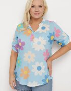  Cămașă din vâscoză albastru deschis cu nasturi cu mânecă 3/4 și model floral Xebbia