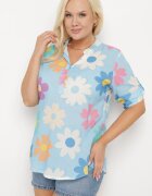 Cămașă din vâscoză albastru deschis cu nasturi cu mânecă 3/4 și model floral Xebbia