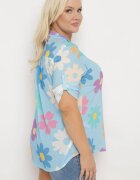  Cămașă din vâscoză albastru deschis cu nasturi cu mânecă 3/4 și model floral Xebbia
