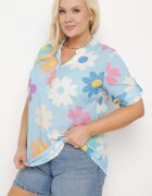  Cămașă din vâscoză albastru deschis cu nasturi cu mânecă 3/4 și model floral Xebbia
