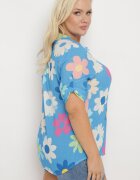  Cămașă din viscoză albastră cu nasturi cu mâneci 3/4 și imprimeu floral Xebbia