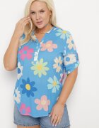  Cămașă din viscoză albastră cu nasturi cu mâneci 3/4 și imprimeu floral Xebbia