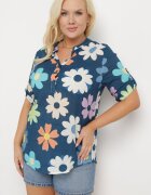  Cămașă din viscoză bleumarin încheiată cu nasturi cu mânecă 3/4 și cu imprimeu floral Xebbia