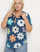  Cămașă din viscoză bleumarin încheiată cu nasturi cu mânecă 3/4 și cu imprimeu floral Xebbia