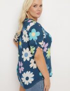  Cămașă din viscoză bleumarin încheiată cu nasturi cu mânecă 3/4 și cu imprimeu floral Xebbia