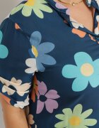  Cămașă din viscoză bleumarin încheiată cu nasturi cu mânecă 3/4 și cu imprimeu floral Xebbia