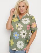  Cămașă din viscoză verde închis cu nasturi cu mânecă 3/4 și model floral Xebbia